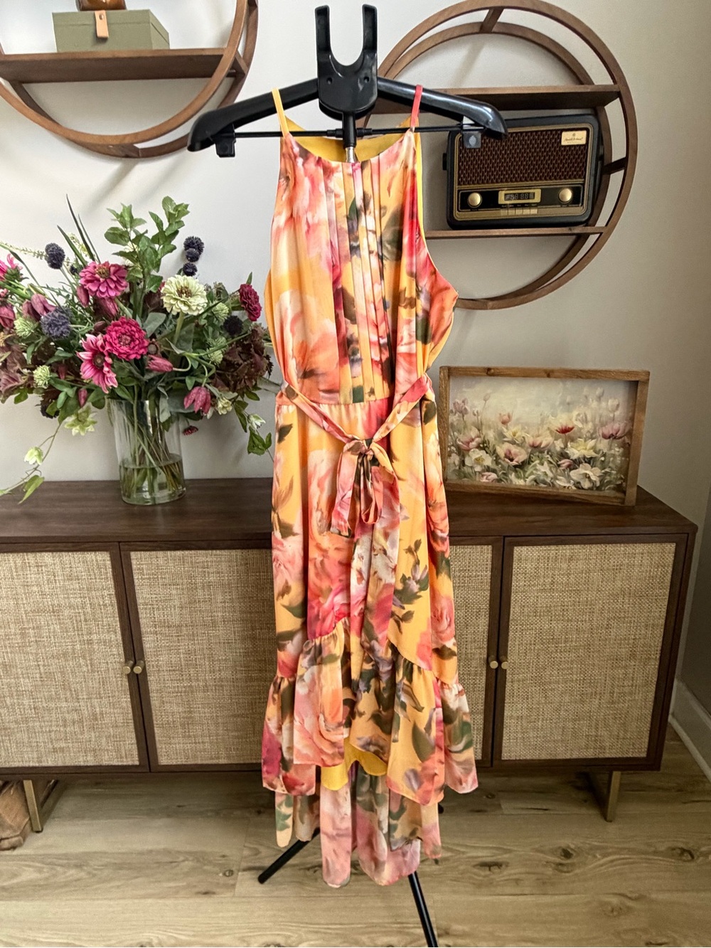 Vince Camuto Floral High Low Maxi Dress Size 16 Yellow Pink